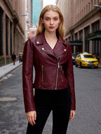 Four Color Cropped Moto Jacket Lapel Diagonal Zip Slim Fit Long Sleeve Outerwear