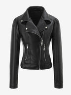 Four Color Cropped Moto Jacket Lapel Diagonal Zip Slim Fit Long Sleeve Outerwear