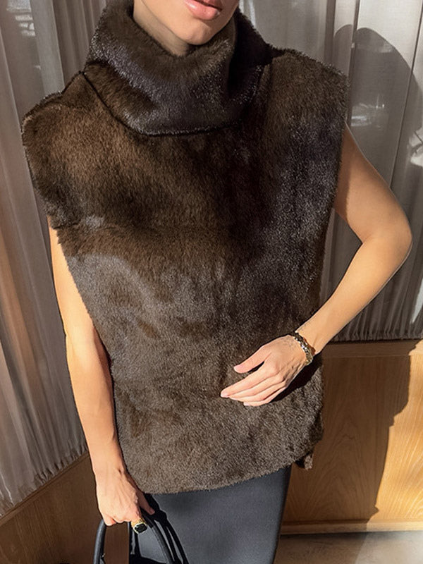 Soft Fuzzy Fur Vest Turtleneck Design Back Drawstring Slim Warm Waistcoat