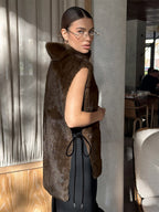 Soft Fuzzy Fur Vest Turtleneck Design Back Drawstring Slim Warm Waistcoat