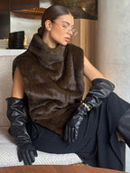 Soft Fuzzy Fur Vest Turtleneck Design Back Drawstring Slim Warm Waistcoat