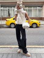 Cream White Two Tone Faux Fur Sleeveless Coat Full Zip High Neck Warm Vest