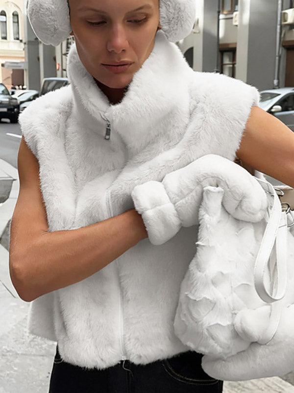 Cream White Two Tone Faux Fur Sleeveless Coat Full Zip High Neck Warm Vest
