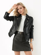 Retro Rivet Shoulder Leather Biker Coat Asymmetrical Zip Slim Long Sleeve Jacket