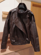 Vintage Solid Black Brown Faux Leather Bomber Relaxed Elastic Waist Hem Jacket