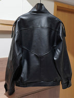 Vintage Solid Black Brown Faux Leather Bomber Relaxed Elastic Waist Hem Jacket