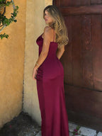 Party Dress Maxi Burgundy Straps Neck Lace Spaghetti Strap High Slit Sexy Semi Formal Dress