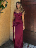 Party Dress Maxi Burgundy Straps Neck Lace Spaghetti Strap High Slit Sexy Semi Formal Dress