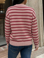 Women Pullover Sweater Red Buttons Stripes Jewel Neck Long Sleeves Sweaters