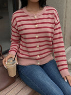 Women Pullover Sweater Red Buttons Stripes Jewel Neck Long Sleeves Sweaters