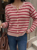 Women Pullover Sweater Red Buttons Stripes Jewel Neck Long Sleeves Sweaters