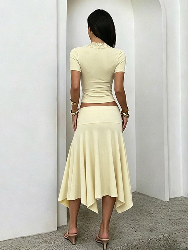 Two Piece Outfit Deep V Lace Neck Slim Crop Top Hanky Hem Mermaid Skirt Sets
