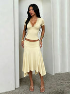 Two Piece Outfit Deep V Lace Neck Slim Crop Top Hanky Hem Mermaid Skirt Sets