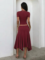 Two Piece Outfit Deep V Lace Neck Slim Crop Top Hanky Hem Mermaid Skirt Sets