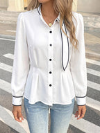 Black Trim Collar Peplum Blouse Bow Neck Long Sleeve Slim Fit Work Shirt