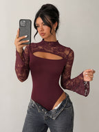 Burgundy Lace Flare Sleeve Bodysuit Mock Neck Cutout Front Sheer Floral Mesh Body Top