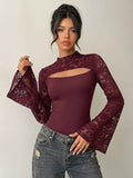 Burgundy Lace Flare Sleeve Bodysuit Mock Neck Cutout Front Sheer Floral Mesh Body Top
