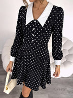 Date Night Dresses Contrast Big Collar Polka Dot Long Sleeve A Line Flowy Mini Party Dress