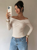 Off-the-Shoulder Cross Wrap Long Sleeve Slim Knit Top Elegant Y2K Basic Shirt