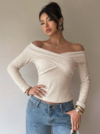 Off-the-Shoulder Cross Wrap Long Sleeve Slim Knit Top Elegant Y2K Basic Shirt