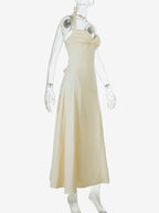 Party Dresses Yellow Satin Spaghetti Strap Maxi Dress Sweetheart Bust Lace Up Back Flowy Gown