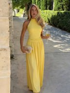 Party Dresses Yellow Halter Neck Maxi Tie Back Sleeveless Ruched Waist Flowy Long Party Gown