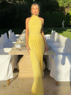 Party Dresses Yellow Halter Neck Maxi Tie Back Sleeveless Ruched Waist Flowy Long Party Gown