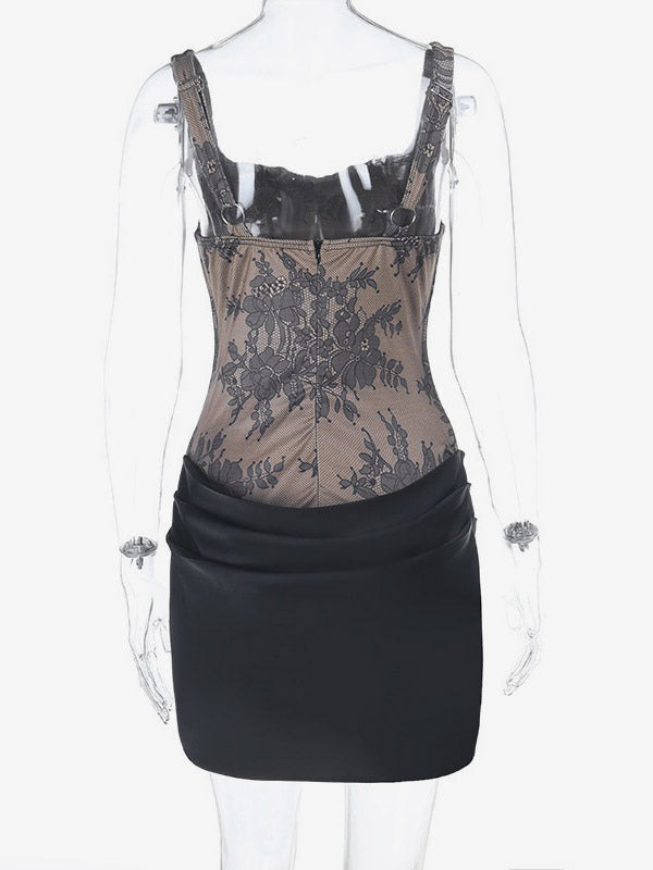 Party Dresses Black Lace Corset Bustier Ruched Satin Skirt Bodycon Night Out Mini Dress