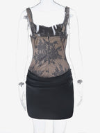 Party Dresses Black Lace Corset Bustier Ruched Satin Skirt Bodycon Night Out Mini Dress