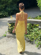 Vacation Dresses Yellow Halter Deep Plunge Mermaid Maxi Dress Back Lace Up Ruched Waist Evening Gown