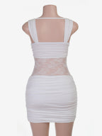 Night Out Dresses White Ruched Lace Mesh Bodycon Mini Dress Spaghetti Strap Deep Neck Club Party Dress