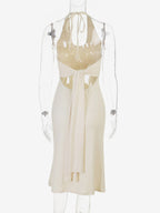 Daily Dresses Cream Halter Deep U Neck Midi Back Tie Slinky Bodycon Flowy Hem Party Gown