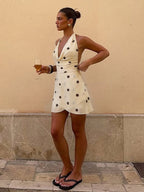Date Night Dresses Cream Base Brown Polka Dot Halter Mini Cowl Neck Back Tie Wrap Bodycon Party Dress