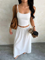 White Lace Trim Cami Crop Top Drawstring Wide Leg Maxi Skirt 2 Piece Vacation Outfit