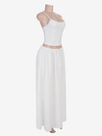 White Lace Trim Cami Crop Top Drawstring Wide Leg Maxi Skirt 2 Piece Vacation Outfit