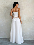 White Lace Trim Cami Crop Top Drawstring Wide Leg Maxi Skirt 2 Piece Vacation Outfit