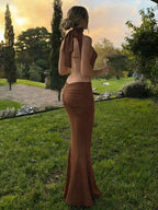 Vacation Dresses Brown Halter Mermaid Maxi Back Self Tie Cutout Waist Ruched Bodycon Evening Gown