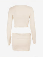 Long Sleeve Deep V Twist Front Crop Top High Waist Ruched Bodycon Mini Skirt Set