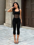 Halter Backless Mesh Cutout Capri Jumpsuit Sleeveless Bodycon Cropped Leg Jumpsuit