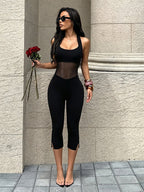 Halter Backless Mesh Cutout Capri Jumpsuit Sleeveless Bodycon Cropped Leg Jumpsuit