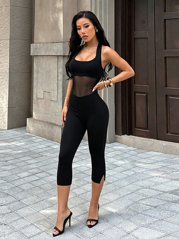 Halter Backless Mesh Cutout Capri Jumpsuit Sleeveless Bodycon Cropped Leg Jumpsuit