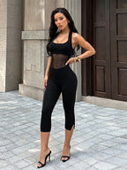 Halter Backless Mesh Cutout Capri Jumpsuit Sleeveless Bodycon Cropped Leg Jumpsuit