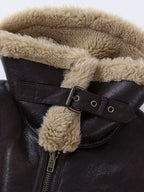 Brown Faux Shearling Lined Moto Jacket Wide Fluffy Collar Zip Cuff Short Biker Coat