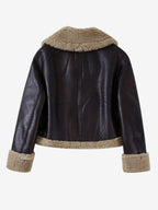 Brown Faux Shearling Lined Moto Jacket Wide Fluffy Collar Zip Cuff Short Biker Coat