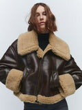 Brown Faux Shearling Lined Moto Jacket Wide Fluffy Collar Zip Cuff Short Biker Coat