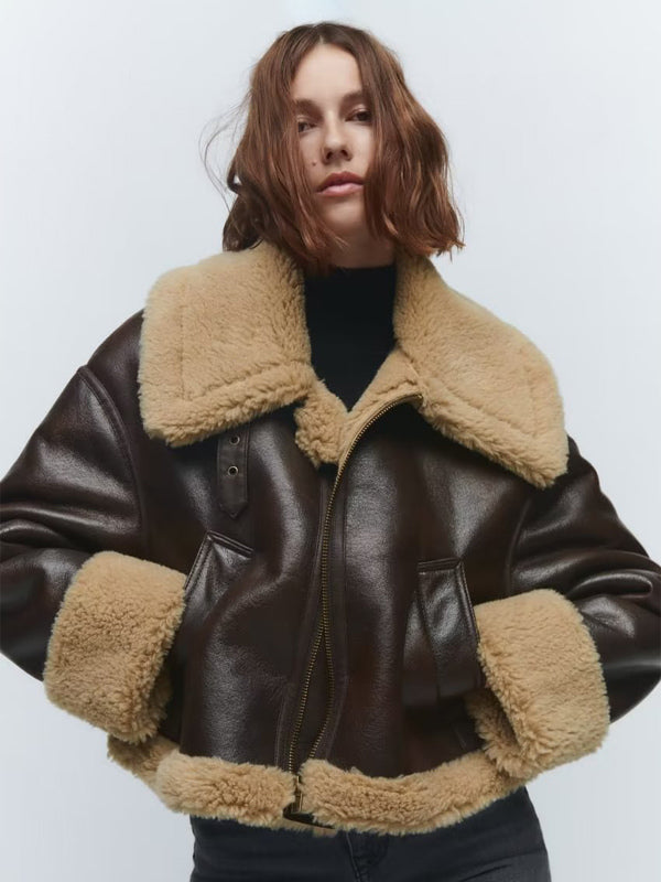Brown Faux Shearling Lined Moto Jacket Wide Fluffy Collar Zip Cuff Short Biker Coat