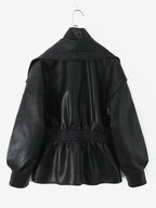 Oversized Wide Lapel Faux Leather Jacket Elastic Cinched Waist Two-Tone Black Brown Outerwear