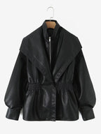 Oversized Wide Lapel Faux Leather Jacket Elastic Cinched Waist Two-Tone Black Brown Outerwear