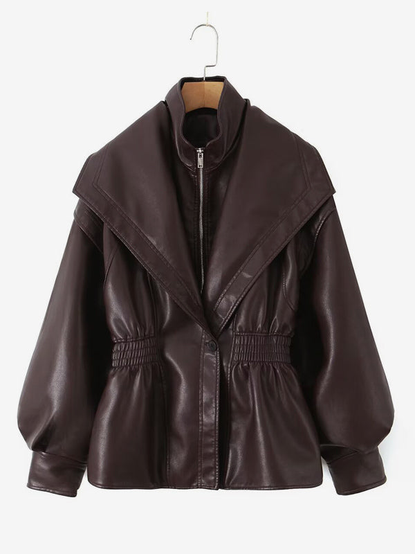 Oversized Wide Lapel Faux Leather Jacket Elastic Cinched Waist Two-Tone Black Brown Outerwear