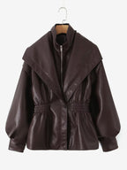 Oversized Wide Lapel Faux Leather Jacket Elastic Cinched Waist Two-Tone Black Brown Outerwear
